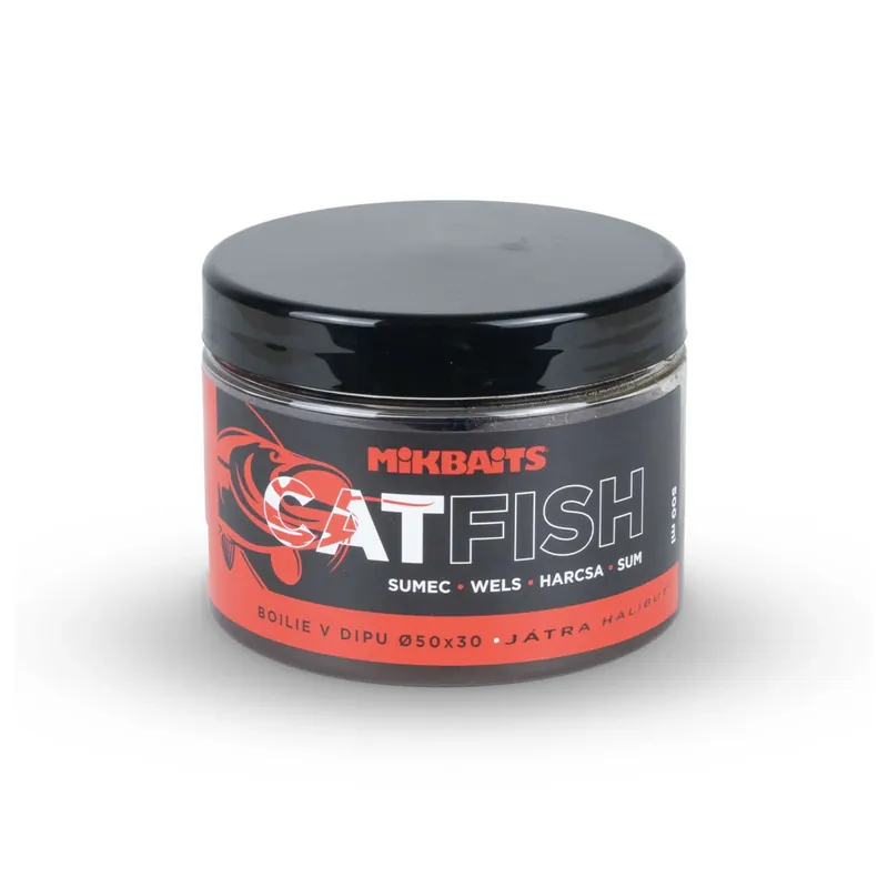MIKBAITS Catfish sumec řada - Játra Halibut 30x25mm boilie v dipu 500ml Pouze Dnes