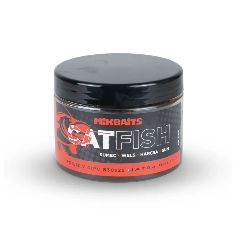 Akční Nabídka MIKBAITS Catfish sumec řada - Játra Halibut 50x30mm boilie v dipu 500ml
