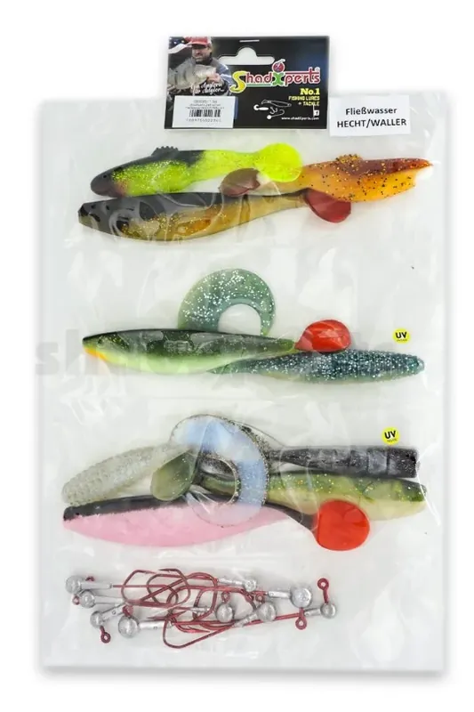 SX Zielfisch-Set Hecht/Waller Fließwasser 10 Shads 8 Jigköpfe Jen Po Omezenou Doba