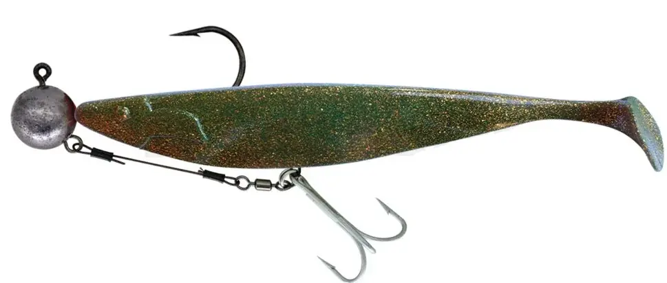 Finální Výprodej Relax Megalodon 30 cm (12“) Motoroil Gold Glitter 1 Stück montiert HMEG 16/0 240g mit Beihänger