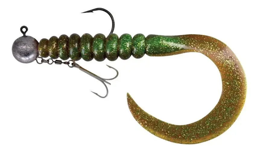 Akční Nabídka Relax XXL Grub 27 cm (11") Grün Chartreuse-Glitter Motoroil-Glitter 1 Stück montiert HMEG 16/0 240g, mit Beihänger