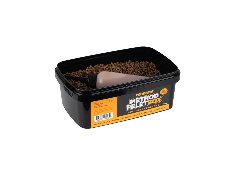 Mikbaits Method pelet box 400g + 120ml Activator Půlnoční Pomeranč Jen Po Omezenou Doba