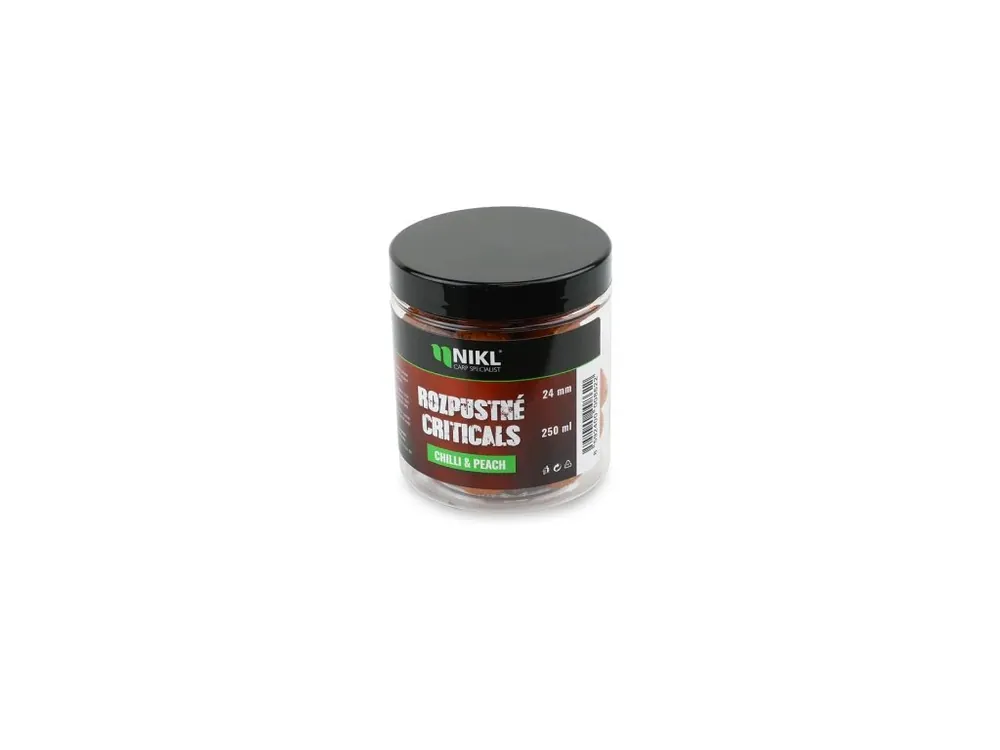 Originální Nikl Rozpustné Criticals boilie Chilli & Peach 250ml